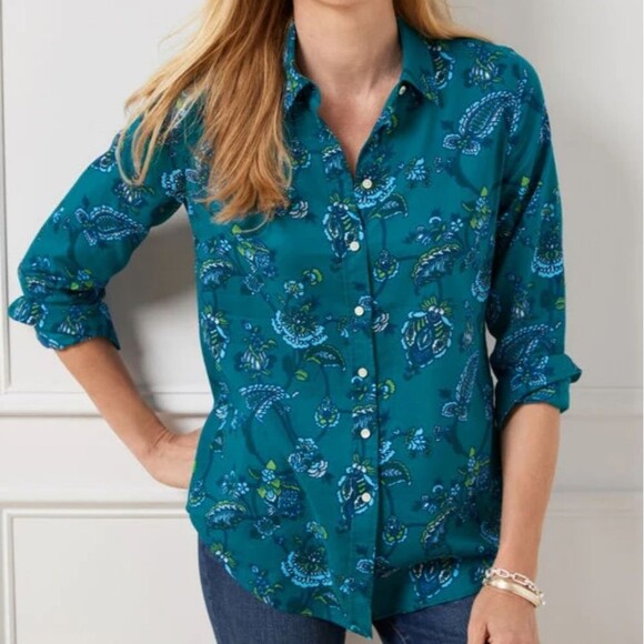 Talbots Classic Button Front Shirt Floral 100% Cotton Breathable Career Large - Picture 1 of 10